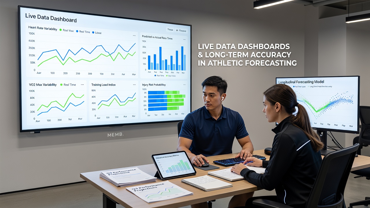 Athletic forecasting team analyzing long-term accuracy trends via dashboard metrics